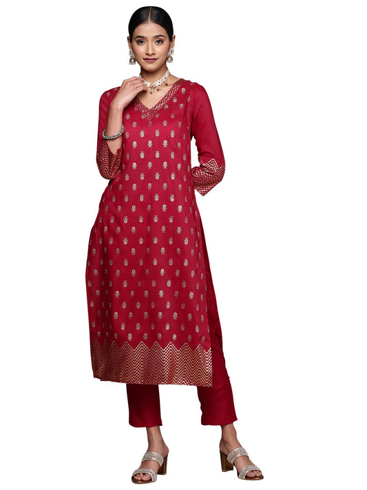 ZIYAA Women's Maroon Chinon Straight Kurta Pant Set (ZIKUCH3970ANDPA)
