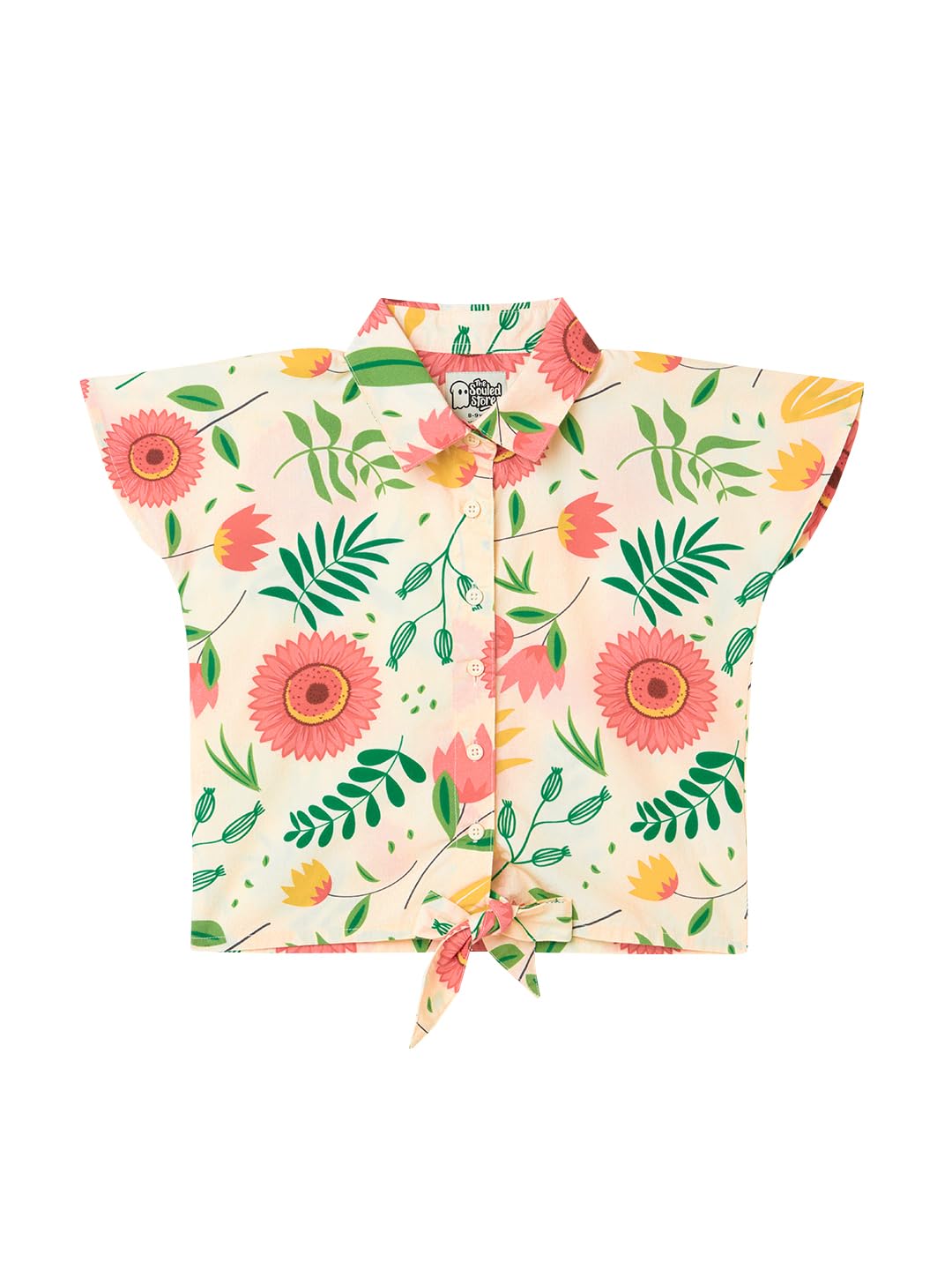 The Souled Store Tropical Young Girls Short Sleeves Collared Neck Button Front Off White All Over Printed Cotton Crop Tops (8-14