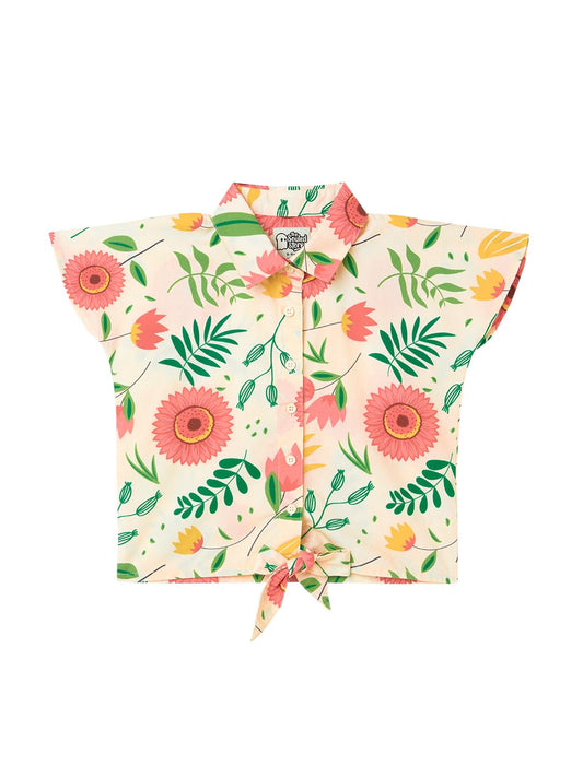 The Souled Store Tropical Young Girls Short Sleeves Collared Neck Button Front Off White All Over Printed Cotton Crop Tops (8-14