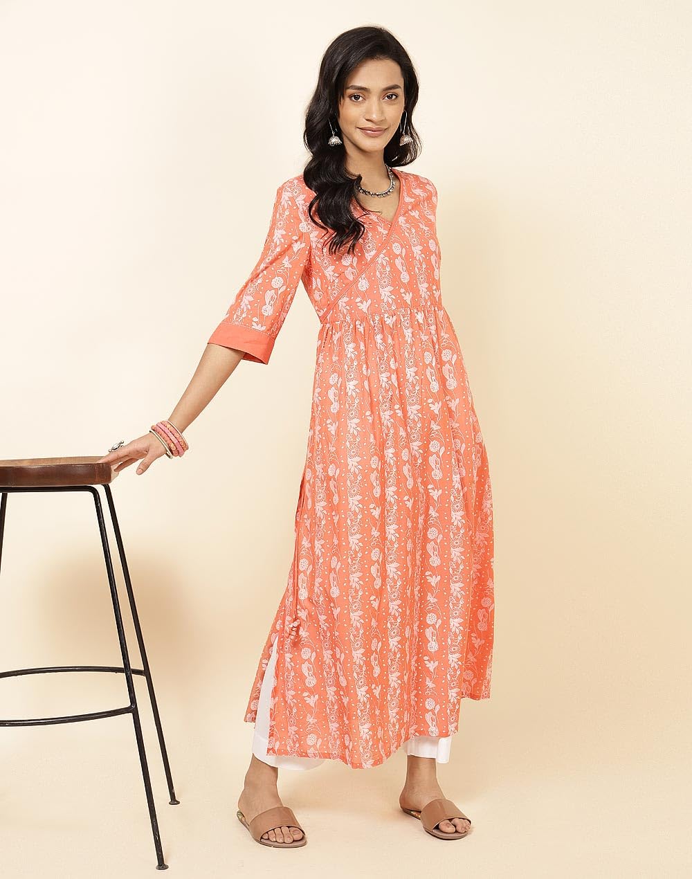 Fabindia Women's Cotton Viscose Printed Regular Fit Kurta (1030451ORANGE_Orange