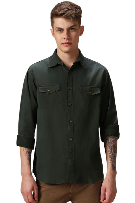 Dennis Lingo Relaxed Fit Full Sleeves Spread Collar Solid Men Shirt Dark Green