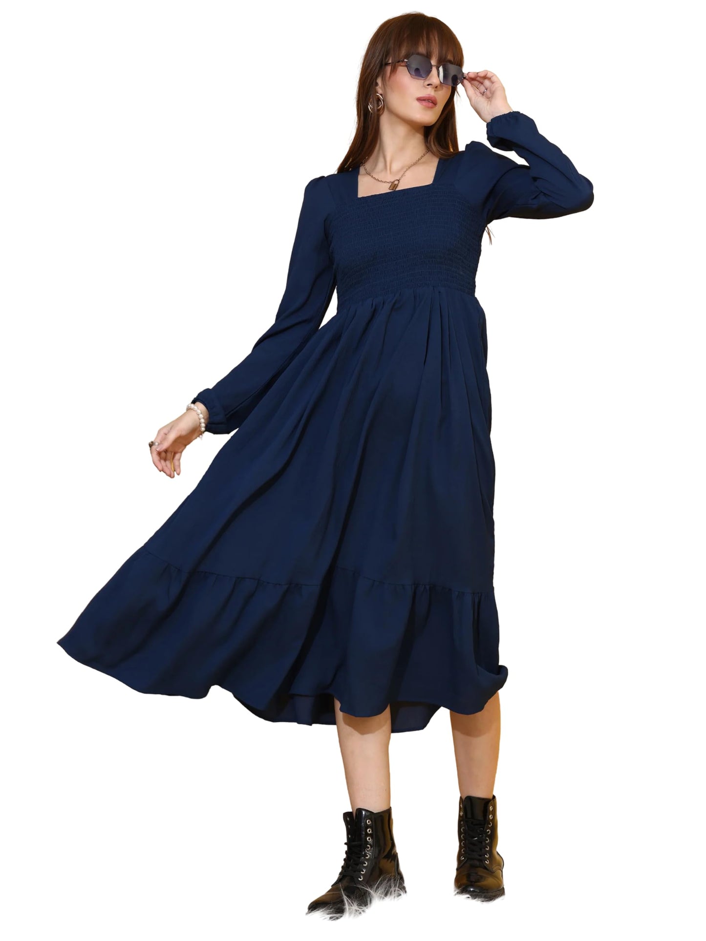 Sheetal Associates WomenS Casual Full Sleeve Crepe Fit & Flare Dress | Comfortable Relaxed Fit Summer Party Dress Dark Blue