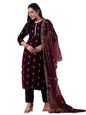 ishin Womens Velvet Self Design Purple Straight Kurta Suit Set with Trousers and Dupatta