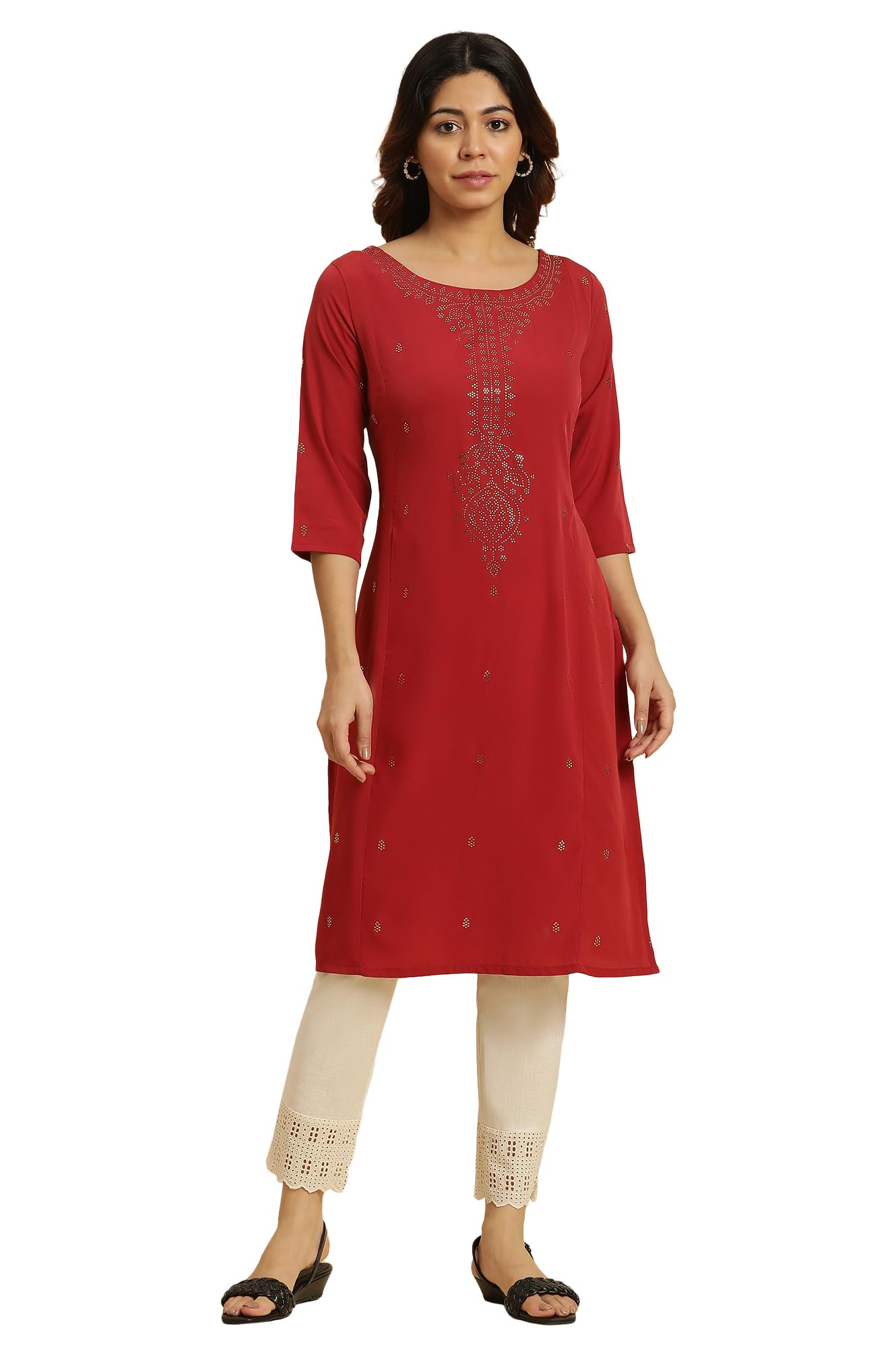 W for Woman Womens Polyester Polka Dot Regular Kurta (23AUSTKW10467-119293_Deep Red