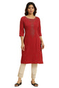 W for Woman Womens Polyester Polka Dot Regular Kurta (23AUSTKW10467-119293_Deep Red
