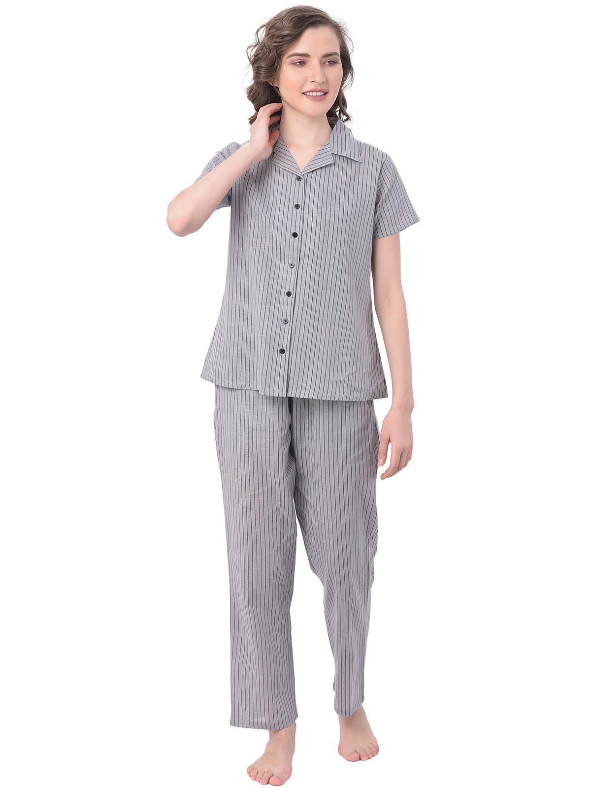 Clovia Womens Cotton Striped Ankle Length Casual Regular Shirt and Pyjama (LS0385P01XL_Grey_XL)