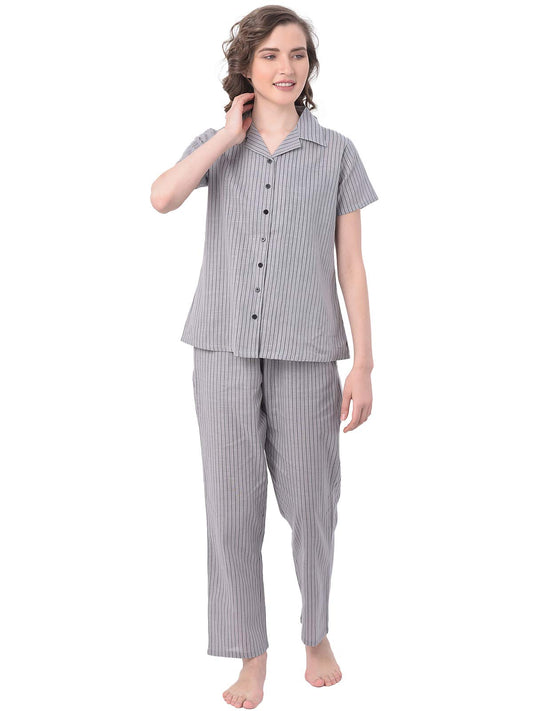 Clovia Womens Cotton Striped Ankle Length Casual Regular Shirt and Pyjama (LS0385P01XL_Grey_XL)