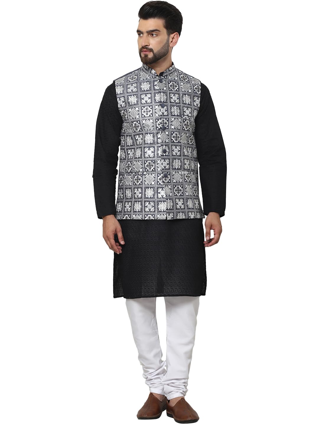 SOJANYA (Since 1958 Men's Cotton Chikankari Black Kurta and Pyjama with Embroidered Grey Nehru Jacket
