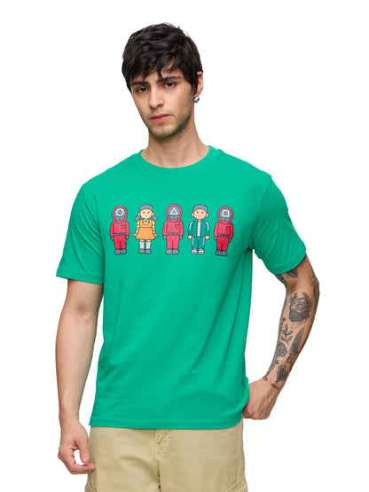 The Souled Store Squid Game: Lets Play Men and Boys Short Sleeves Round Neck Green Graphic Printed Regular Fit Cotton T-Shirts