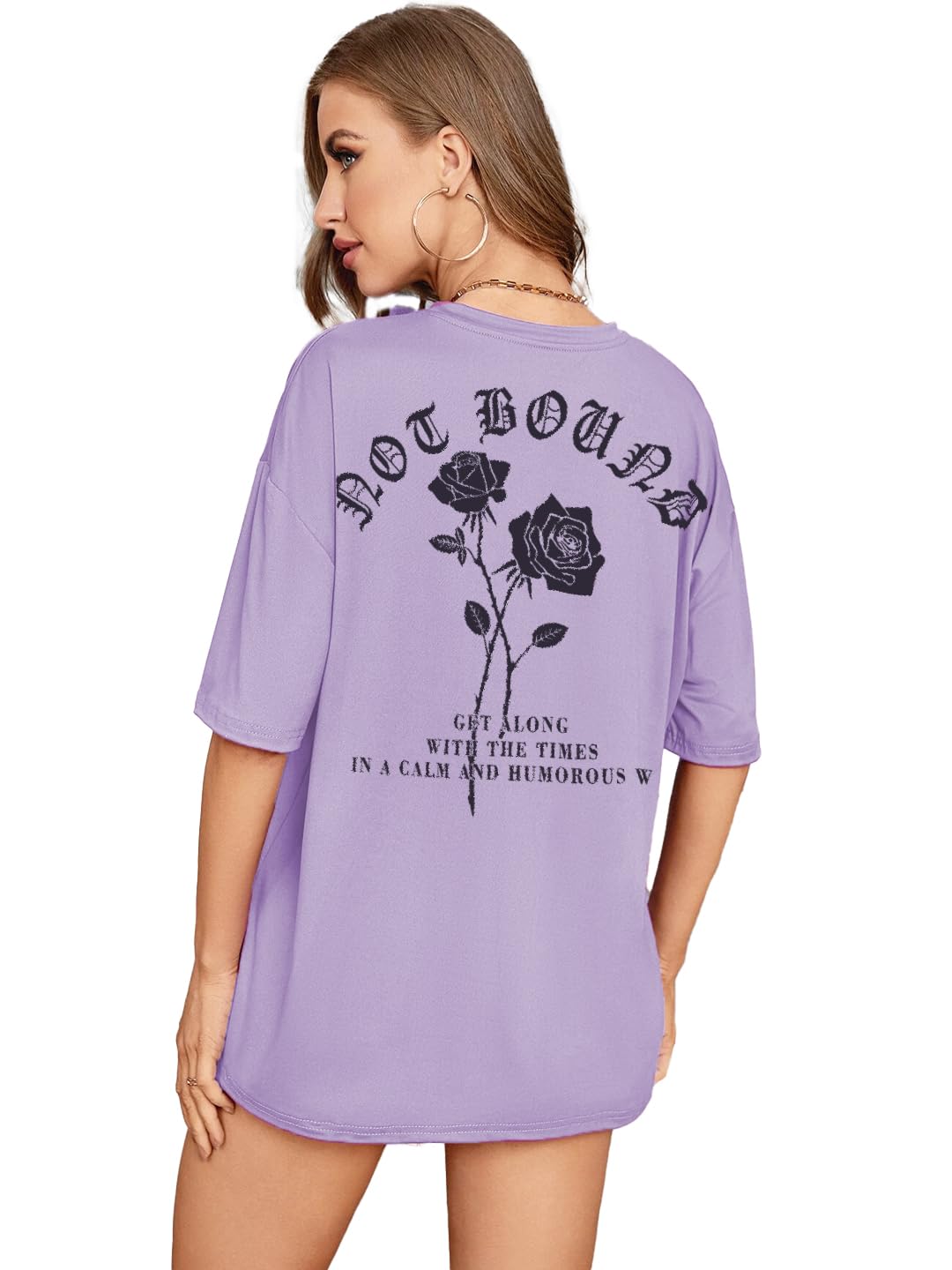 RIGO Womens Printed Oversized Fit T-Shirt (WCT02231558_Light Purple2