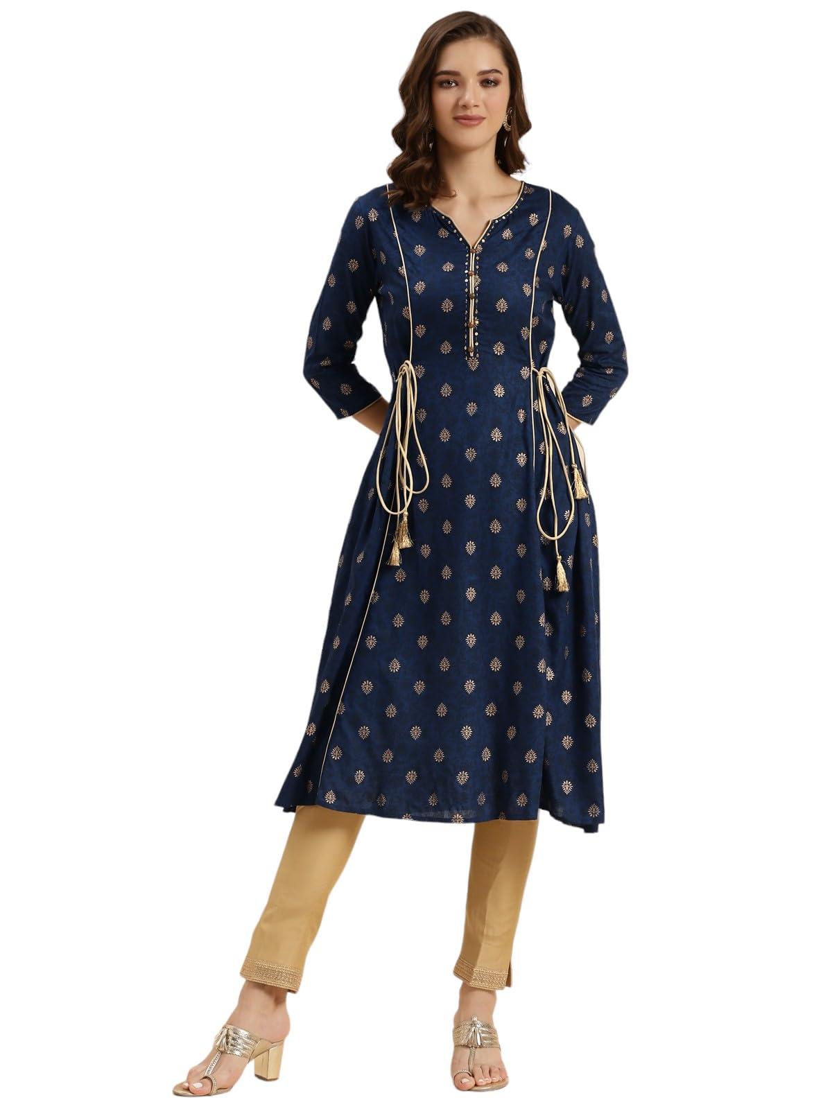 rangita Navy Blue Rayon Calf Length Printed A-line Kurti for Women | Kurta for Women
