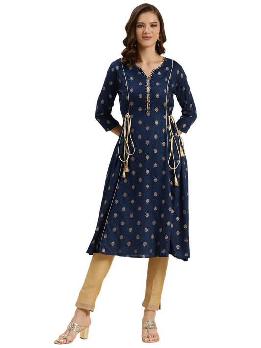 rangita Navy Blue Rayon Calf Length Printed A-line Kurti for Women | Kurta for Women