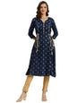 rangita Navy Blue Rayon Calf Length Printed A-line Kurti for Women | Kurta for Women