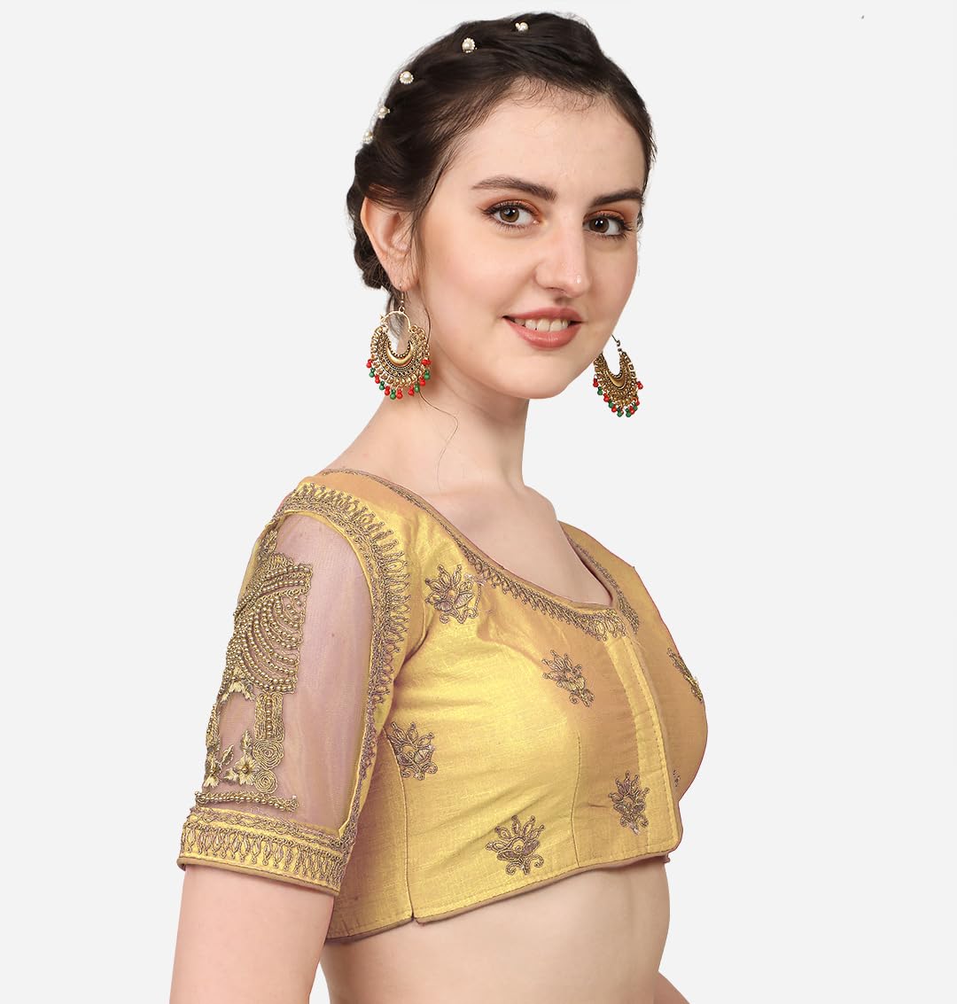 Pujia Mills WomenS Multicolor Temple Embroidery Net Back Sequence Khatli Work Sleeves Design Phantom Silk Readymade Saree Blous