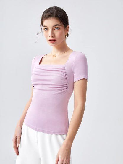 Shasmi Womens & Girls Light Purple Womens Summer Square Neck Solid Color Ruched Tee Workwear Pleated Casual t-Shirt for Women