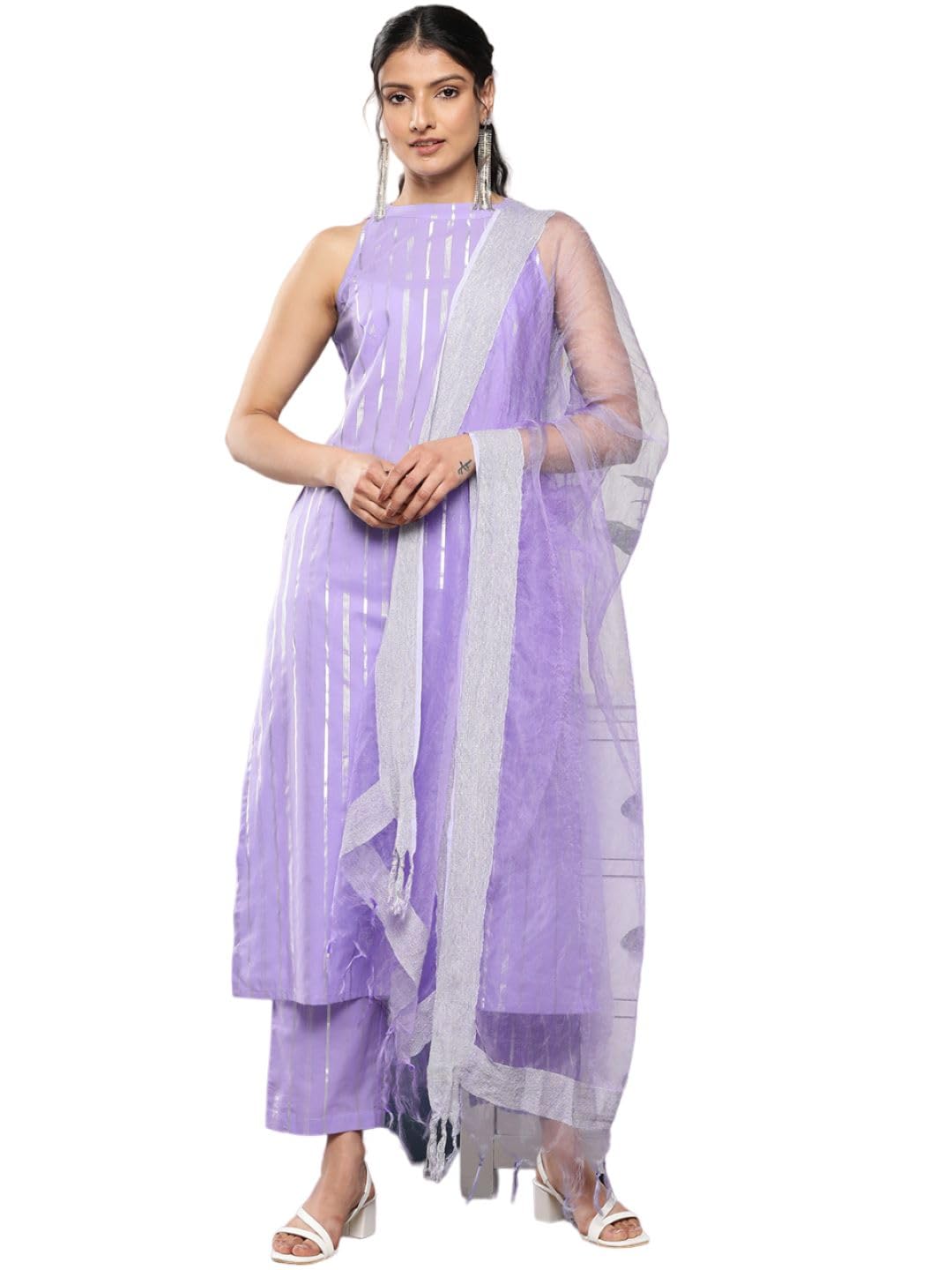 Varanga Women Lavender Lurex Kurta Set With Halter Neck