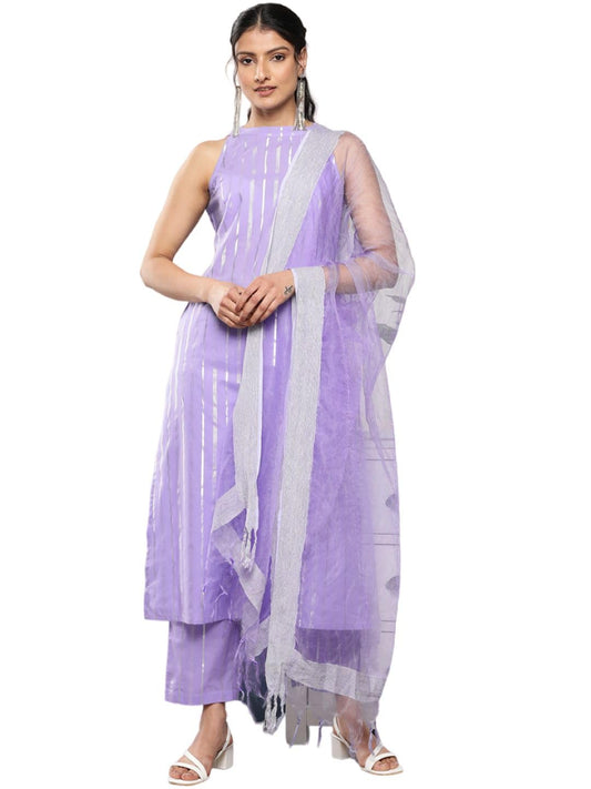 Varanga Women Lavender Lurex Kurta Set With Halter Neck