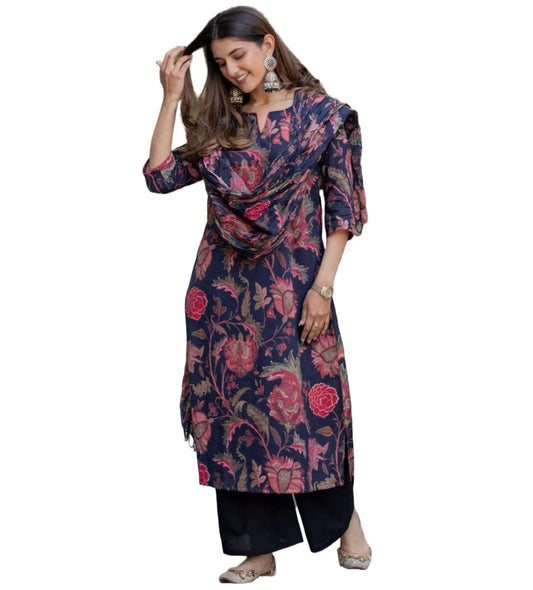 GoSriKi Women's Cotton Blend Floral Printed Straight Kurta with Palazzos & Dupatta (JAPA-GS)