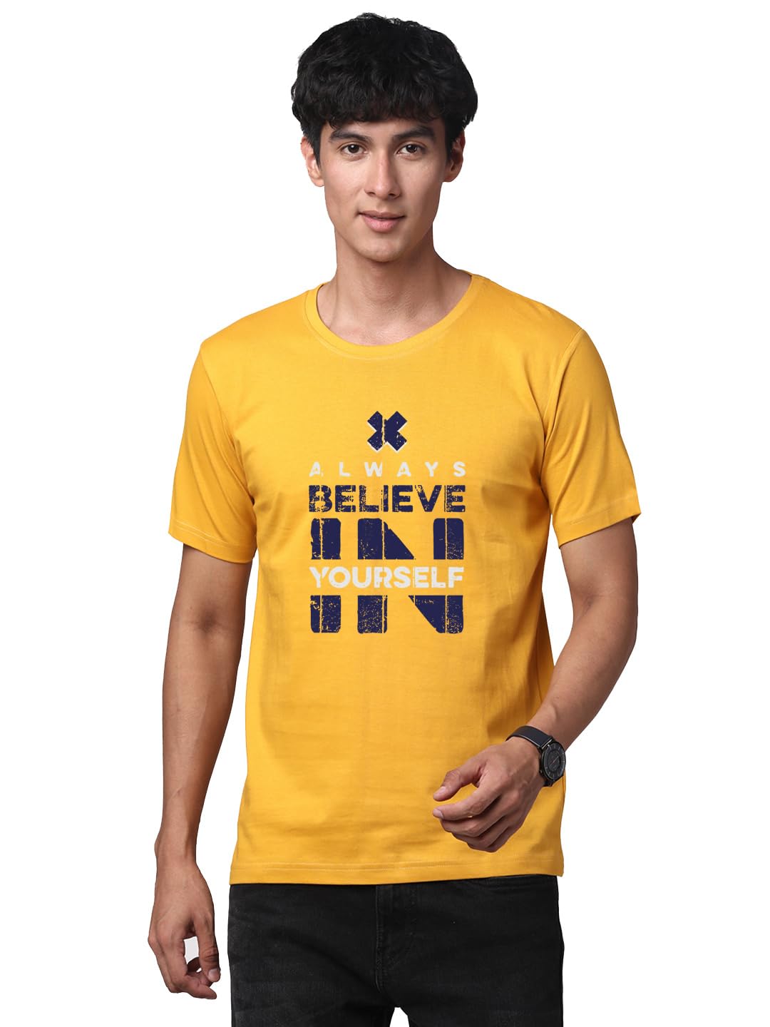 ADRO Believe in Yourself Printed T-Shirts for Men & Women (RNR-S35-BEL-MU_Mustard)