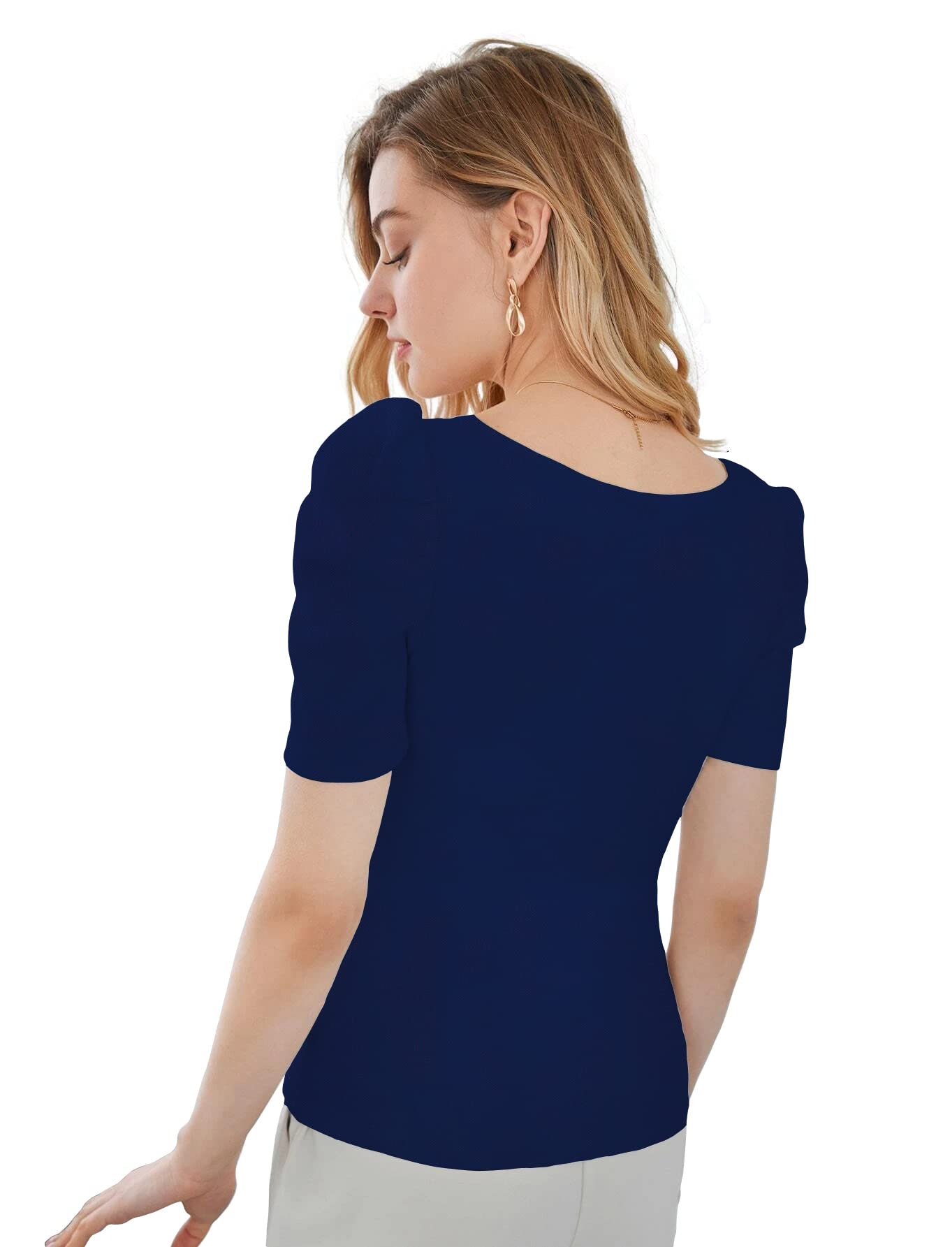 Shasmi Womens Blue Pleated High Neck Short Puff Sleeve Ruched Bust Solid Tops for Women/Tops for Girls (Shree Top 22 Navy Blue