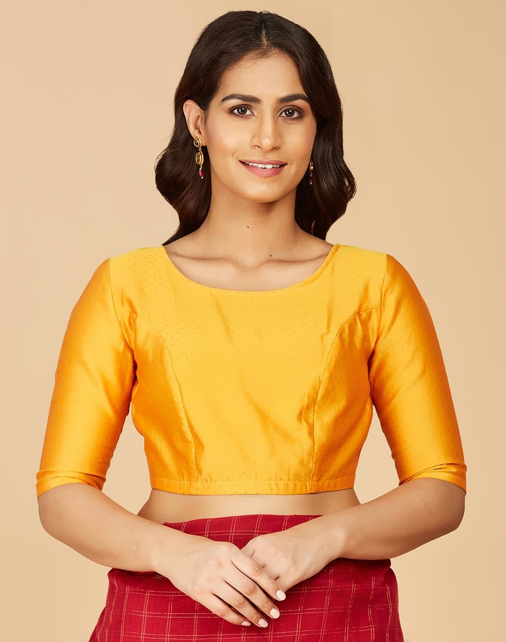 Fabindia Women's Cotton Silk Printed Elbow Sleeves Regular Fit Blouse (1032497MUSTARD_Mustard 34)