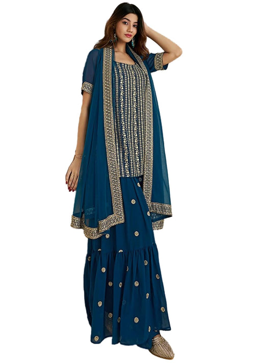 Fashion Basket Georgette Embroidered Kurta Set For Women Turquoise