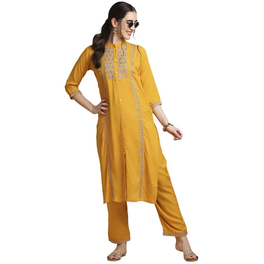 anubhutee Mustard Floral Embroidered Kurta Pants Suit Set for Women