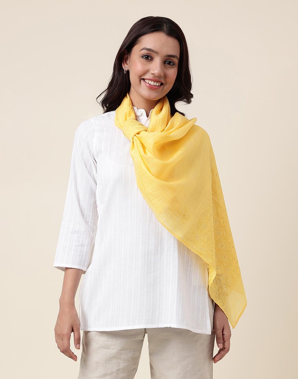 Fabindia Yellow Cotton Silk Chikankari Embroidered Stole | Free Size | Celebration | 1 Stole - 2111900MANGO