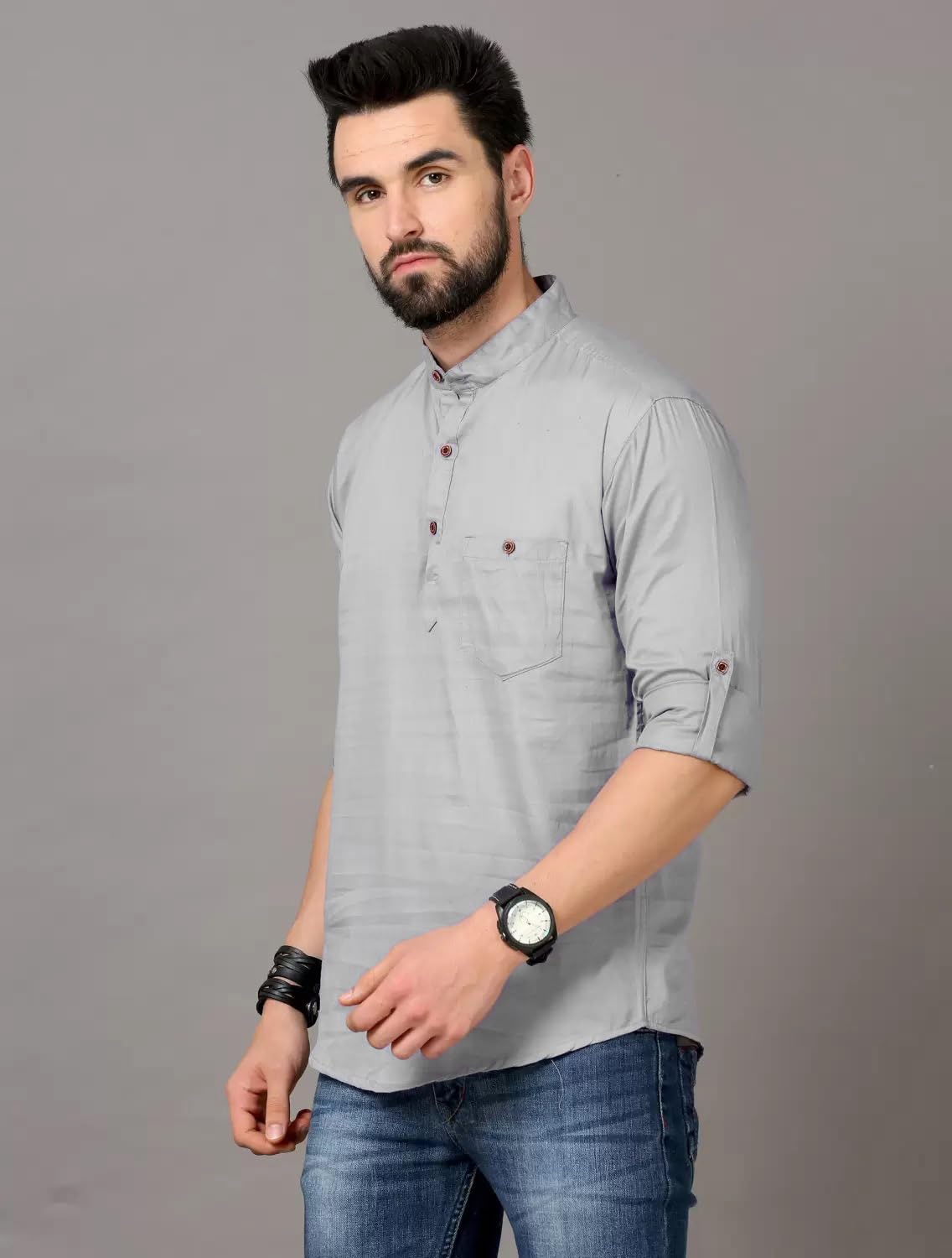 Deelmo MenS Regular Fit Solid Spread Collar Casual Shirt With A Trendy Mandarin Collar Crafted From A Premium Cotton Blend Grey