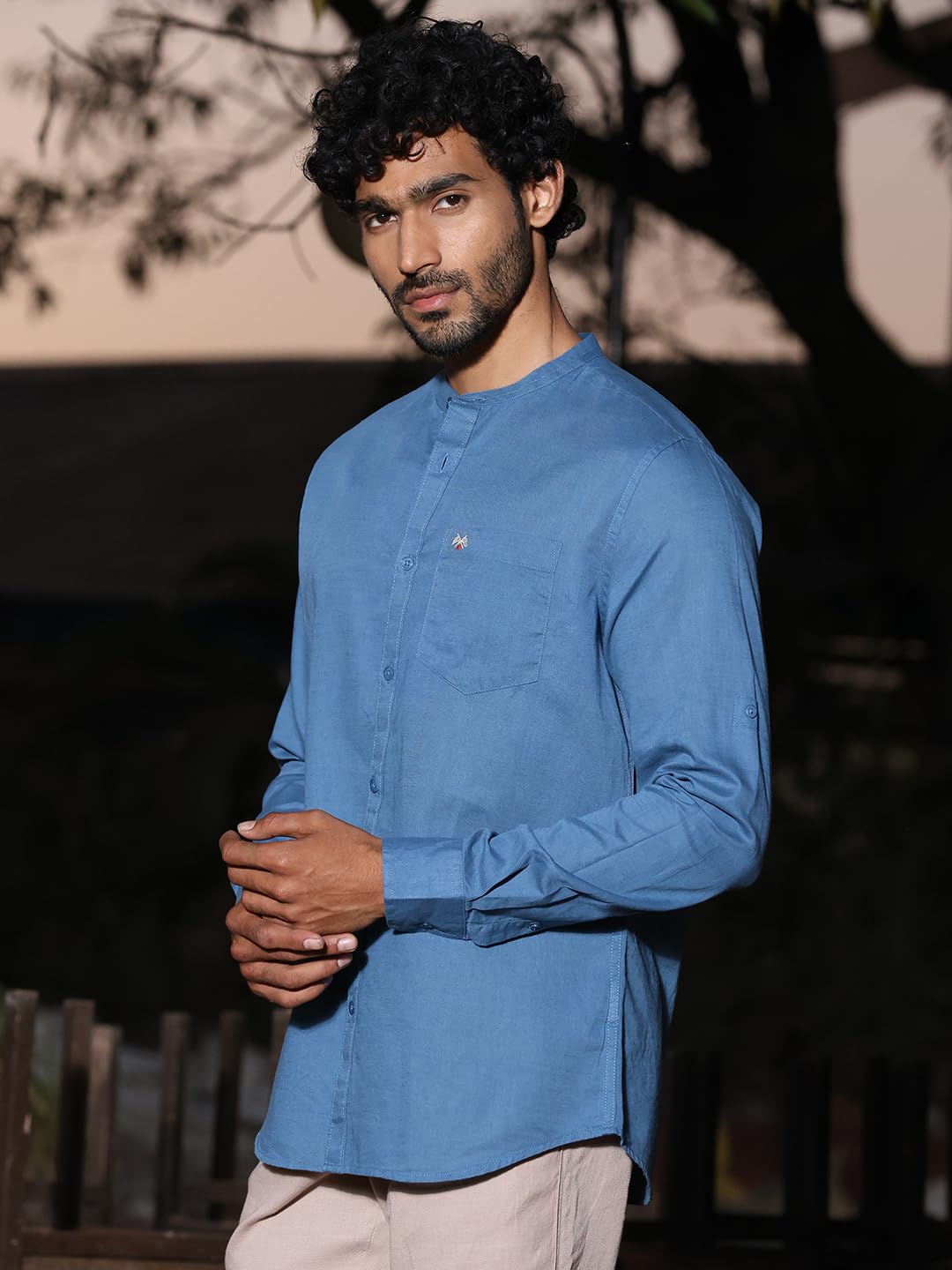 Thomas Scott 100% Cotton Linen Mandarin Collar Roll Up Sleeve Casual Shirts for Mens Teal