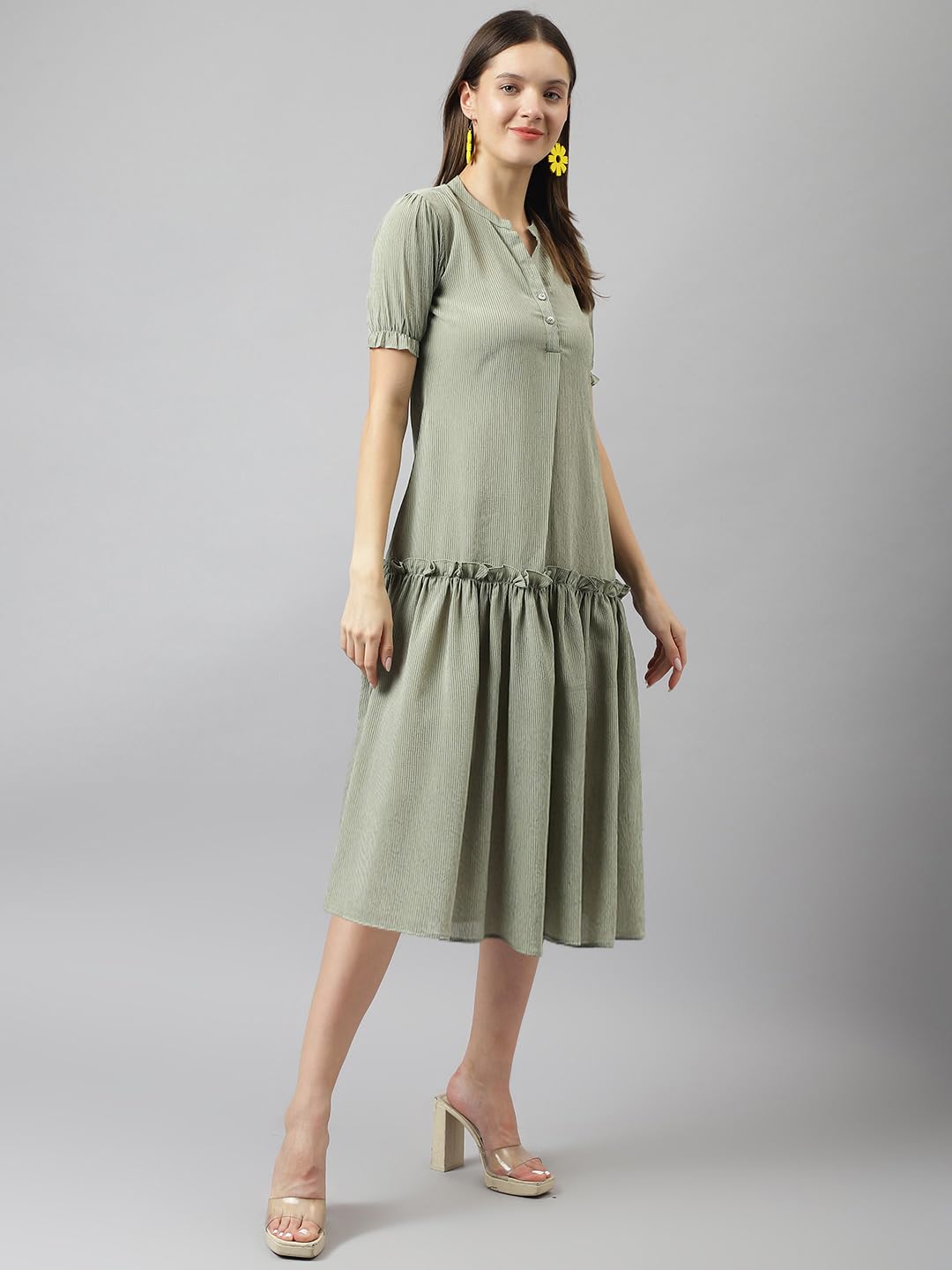 Toochki WomenS Olive Green Georgette Stripe Fit & Flared Western Dress | Dress For Women | A Line Dress | Winter Dress | Wester