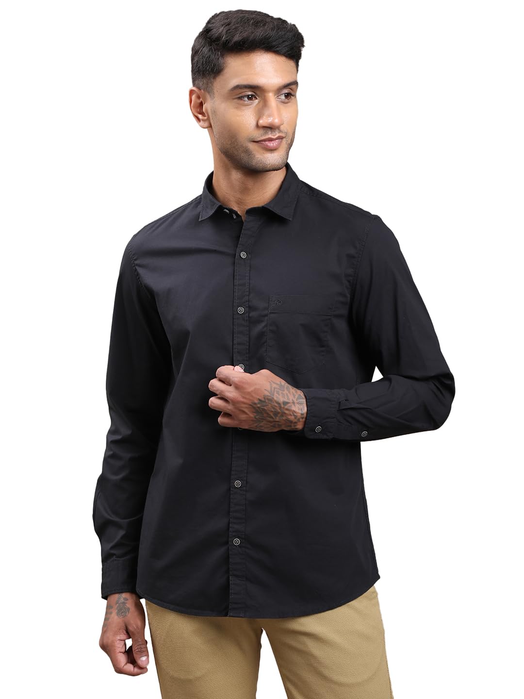 Turtle Men Cotton Stretch Slim Fit Black Casual Shirt