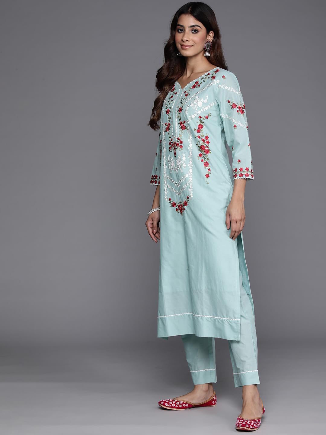 Varanga Women Sea Green Thread And Beads Embroidered Kurta With Tonal Bottom And Dupatta