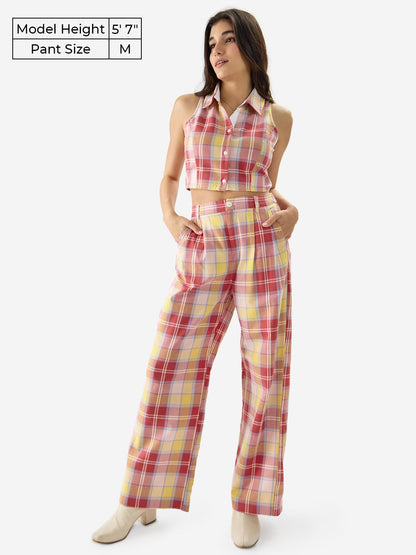 The Souled Store Sugar Coral Women and Girls Straight Fit Cotton Checkered Pants