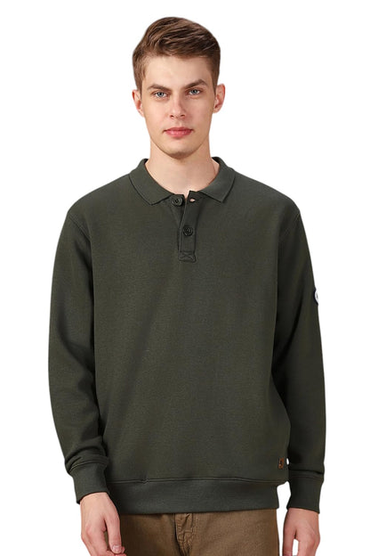Dennis Lingo Men Solid Poly-Cotton Regular Fit Full Sleeves Pull-Over Sweatshirts Olive