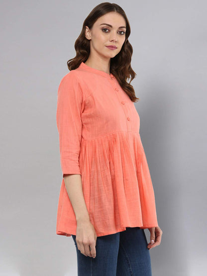 Idalia Peach 3/4 Sleeves,Flared Mandarin Collar Top For Women