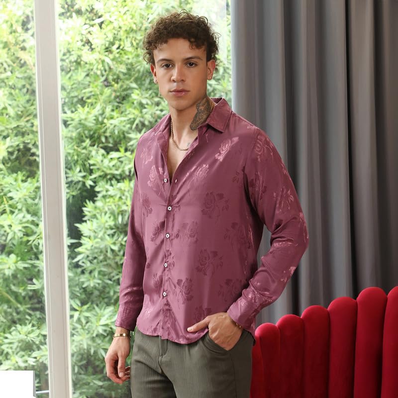 Campus Sutra Mens Rouge Pink Self-Design Floral Shirt | Casual Wear | Spread Collar | Long Sleeve | Button Closure | Shirt Craf