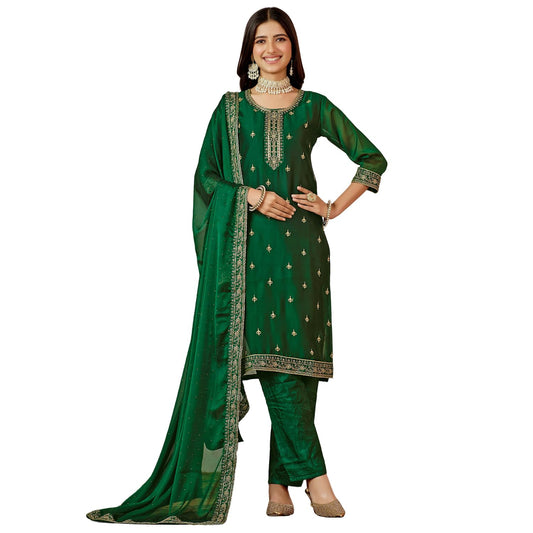 ishin Women'S Ethnic Green Embroidered Motifs Art Silk Kurta Set With Dupatta