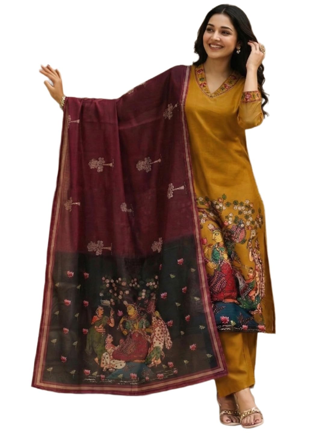ANNI Designer Womens Viscose Blend Printed Straight Kurta with Pant & Dupatta (Divyam Mustard-VKS01_S_Mustard_Small)