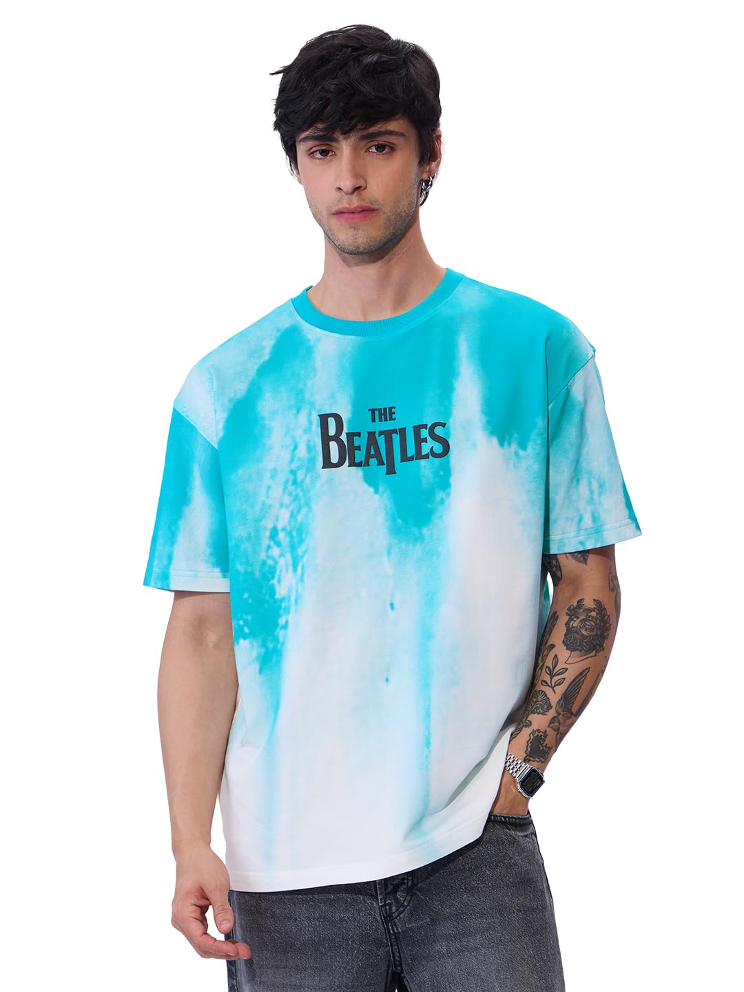 The Souled Store Official The Beatles: Logo Oversized T-Shirt for Men Boys Cotton Casual Half Sleeves Baggy Loose Fit Drop Shoul