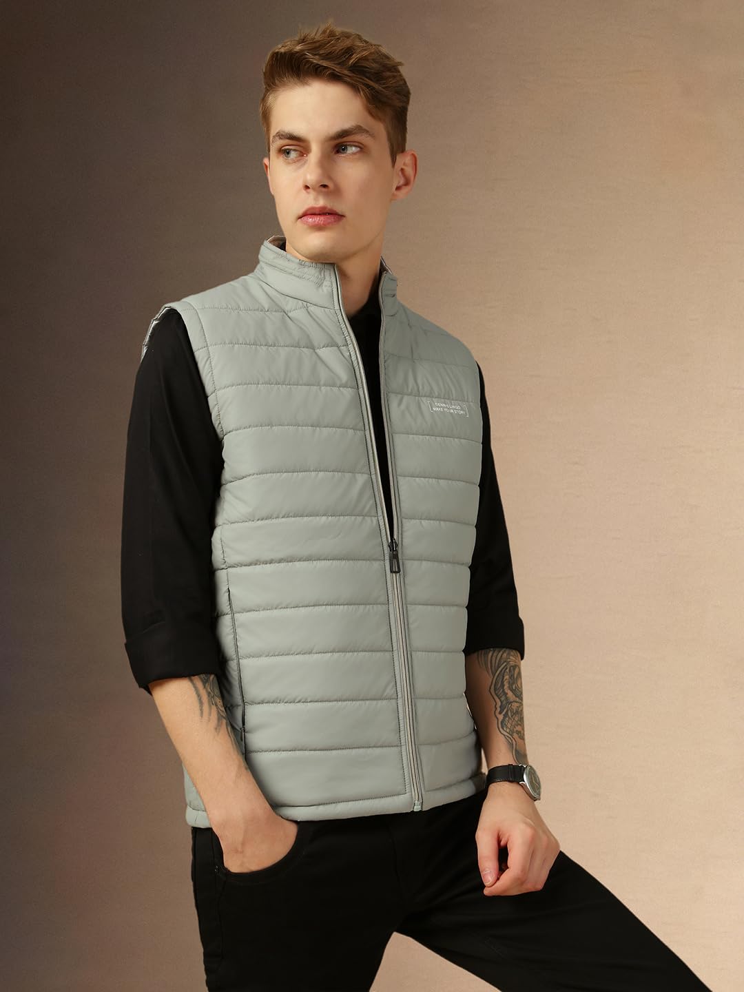 Dennis Lingo Men Grey Solid Regular Fit Sleeveless Mock Collar Padded Jacket