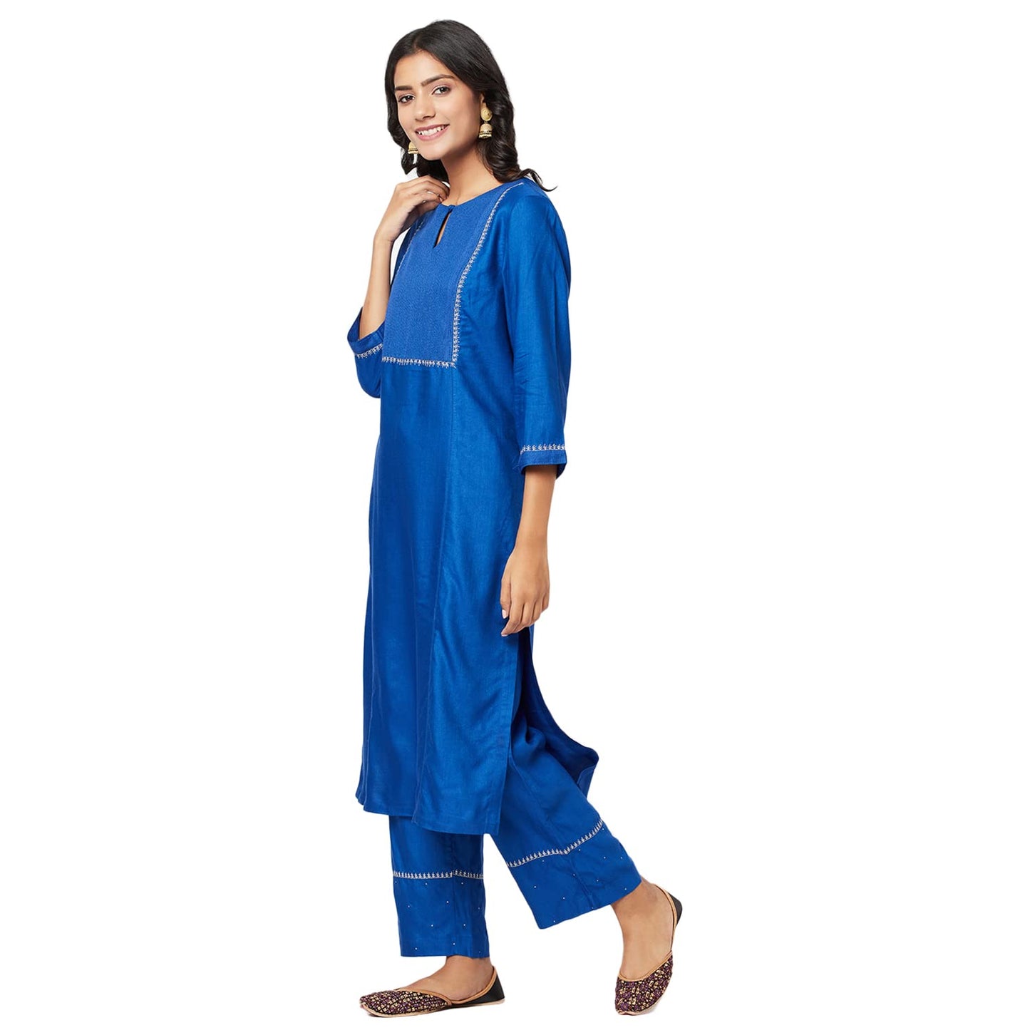 Fabindia Viscose Tussar Embroidered Kurta Set (Dark Blue-10701082)