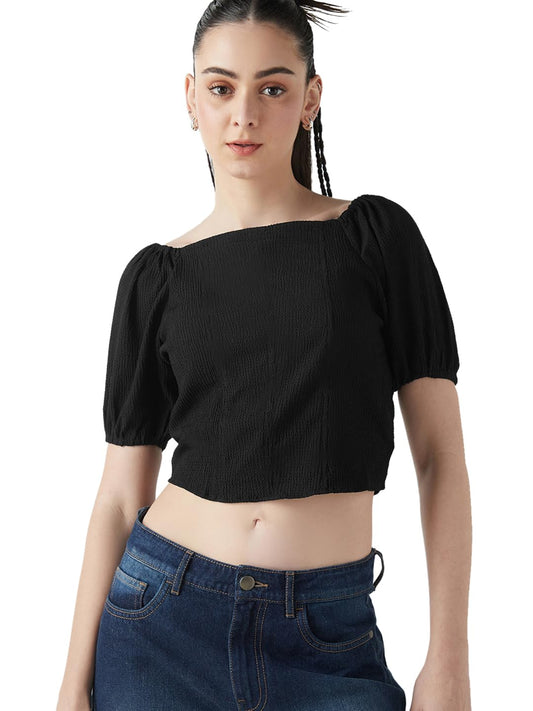 Bewakoof Womens Textured Slim Fit Half Sleeve Square Neck Poly Blend Top_634006_Black_XL