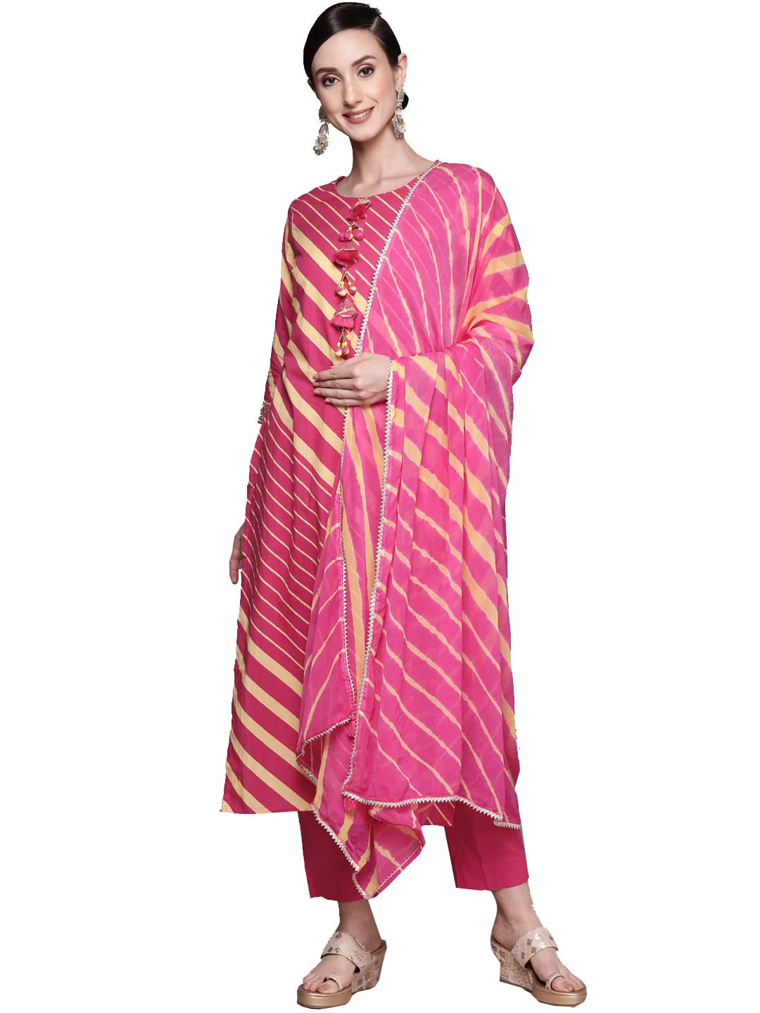 ishin Women's Cotton Pink Embroidered A-Line Kurta with Trouser & Dupatta