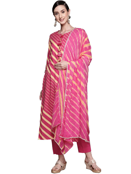 ishin Women's Cotton Pink Embroidered A-Line Kurta with Trouser & Dupatta