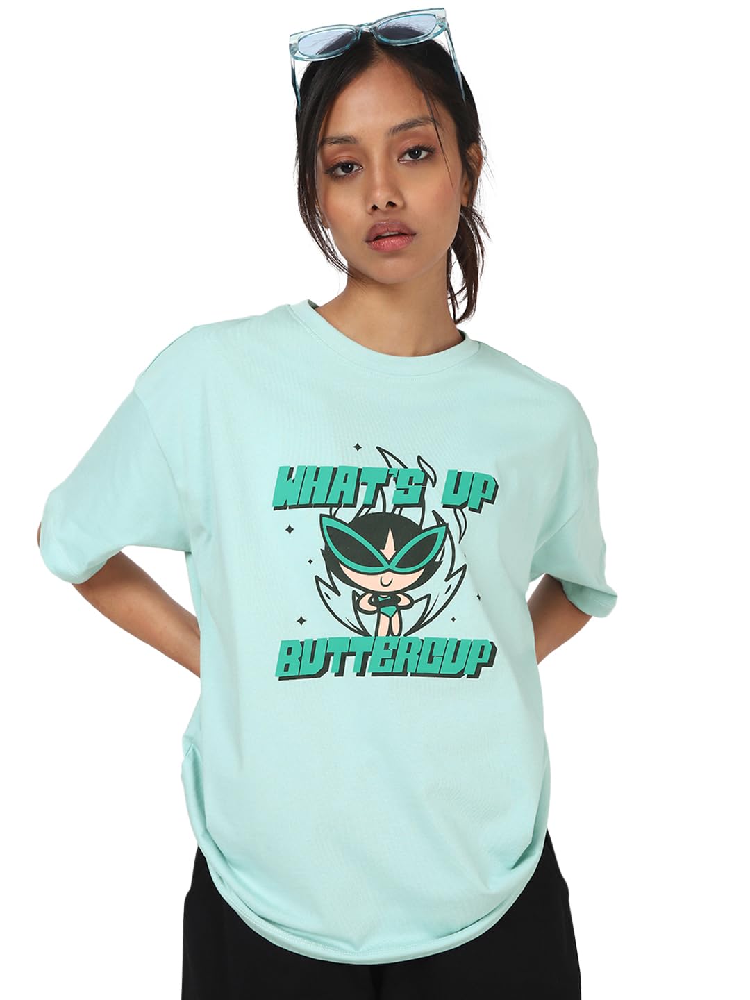 Bewakoof The Powerpuff Girls Womens Graphic Print Oversized Fit Half Sleeve Round Neck Cotton Jersey T-Shirt_659706_Green_L