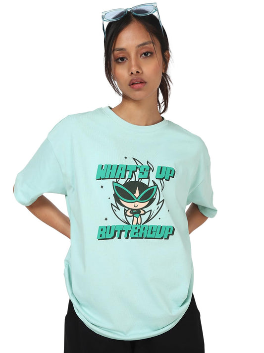 Bewakoof The Powerpuff Girls Womens Graphic Print Oversized Fit Half Sleeve Round Neck Cotton Jersey T-Shirt_659706_Green_L