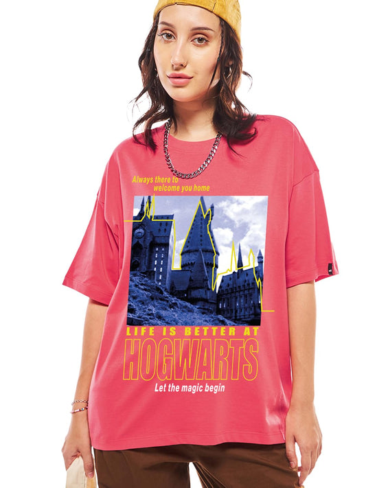 Bewakoof Official Harry Potter Merchandise Hogwarts WomenS Graphic Print Oversized Fit Half Sleeve Round Neck Cotton Jersey T-Sh