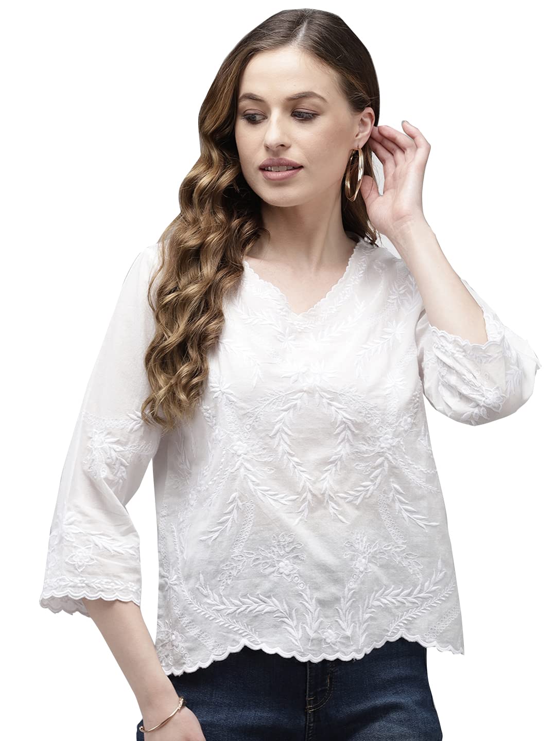 Ishin WomenS White Embroidered Crop Top