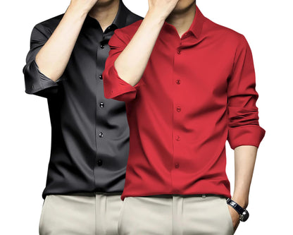 Deelmo Combo Of MenS Stylish Solid Satin Casual Shirt For Men Full Sleeves| Poly Satin Silk Shirt Pack Of 2 Black-Red